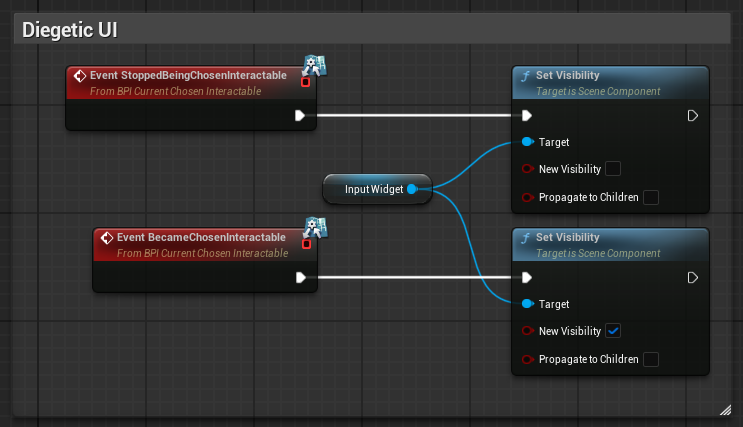 An actor showing and hiding its interact widget through the BecameChosenInteractable and StoppedBeingChosenInteractable events